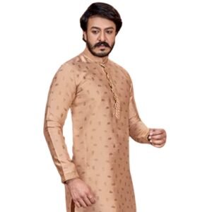 Beige Wedding Party Wear Indian Men Wear Straight Jacquard Silk Kurta Pajama Festival Ethnic Traditional Set